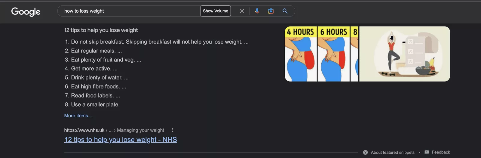 Google Featured Snippets Weight Loss